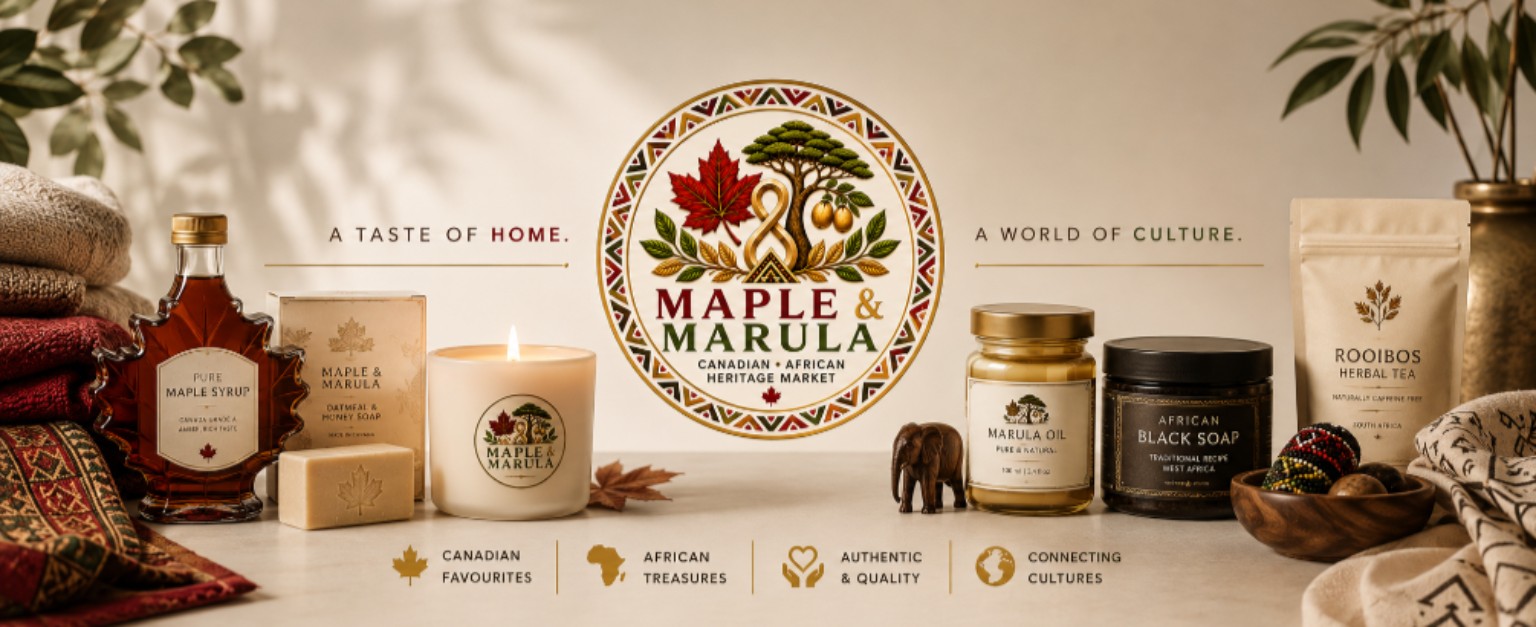 A curated display of Canadian and African-inspired goods, including maple syrup, tea, soap, candles and natural oils